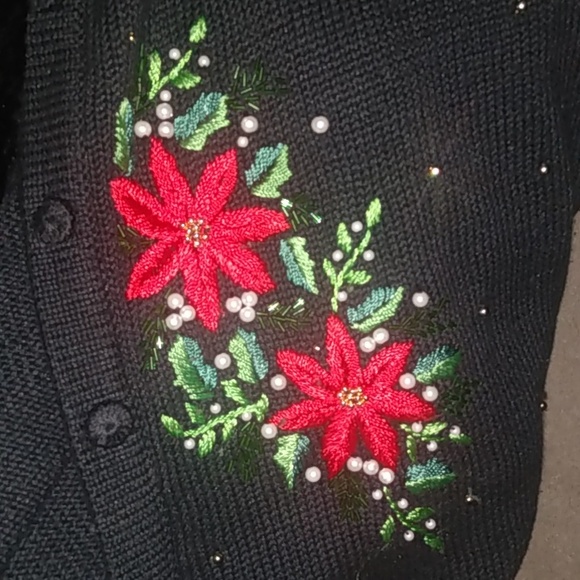 Vintage Victoria Jones Ladies Christmas Cardigan Sweater Floral Faux Fur Large - Picture 3 of 10